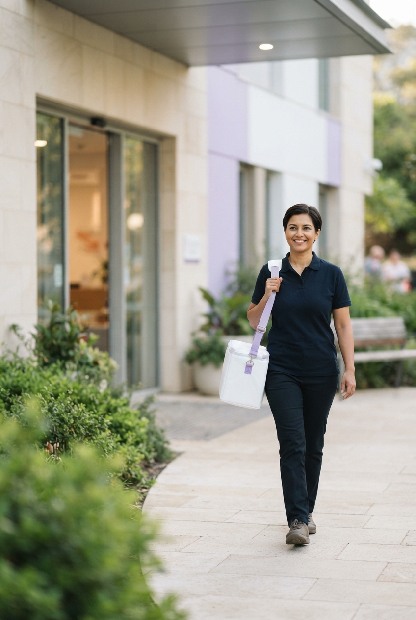 Smiling woman in navy clothing walks outside a modern building carrying a white shoulder bag.
